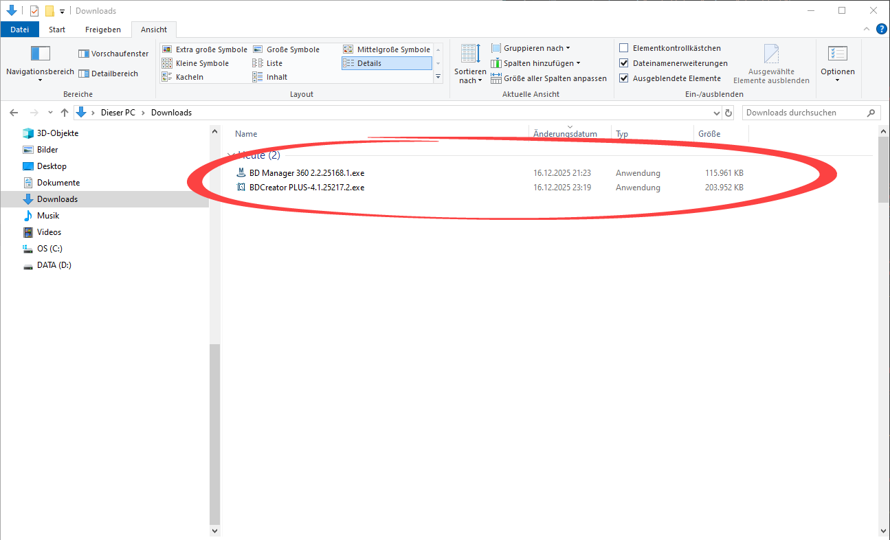 Die Installationspakete im Download Ordner